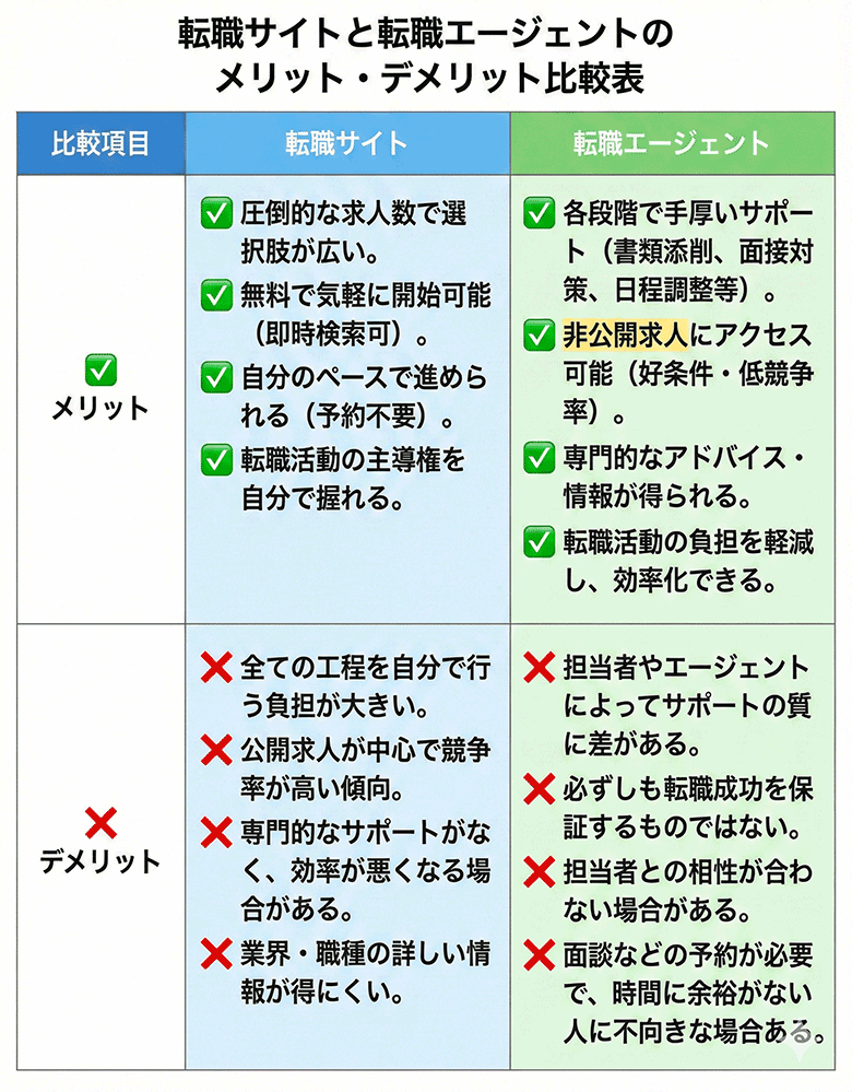 転職サイトと転職エージェントのメリット・デメリット比較表